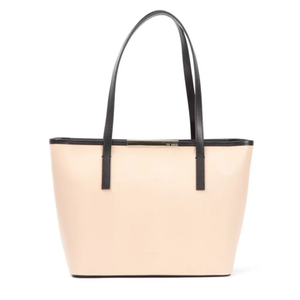 Ted Baker Black Beige Kym Mini Grain Gold Tone Metal Bar Shopper Tote
